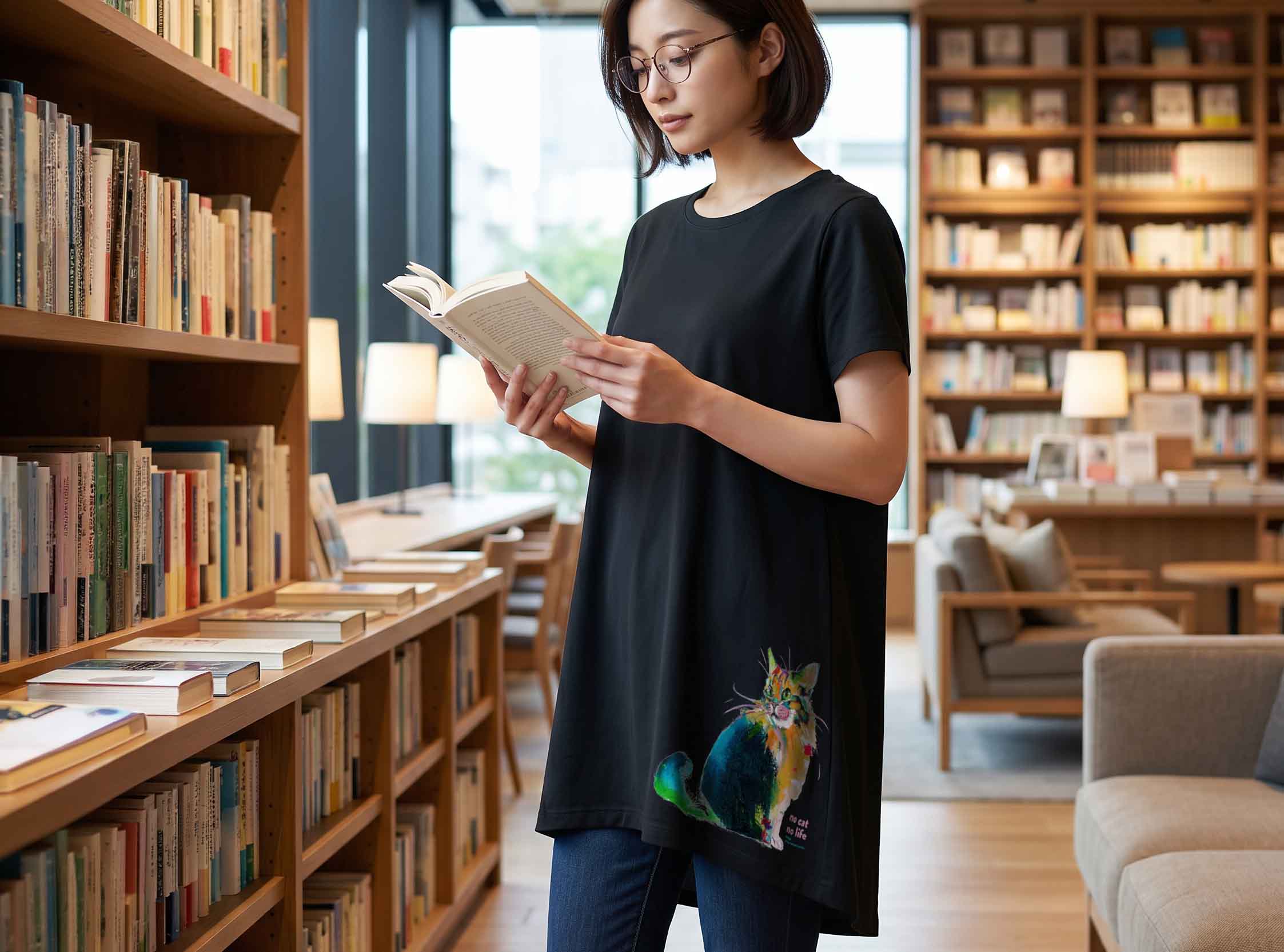 ドルマンワンピース ブラック・猫柄・本を読む女性