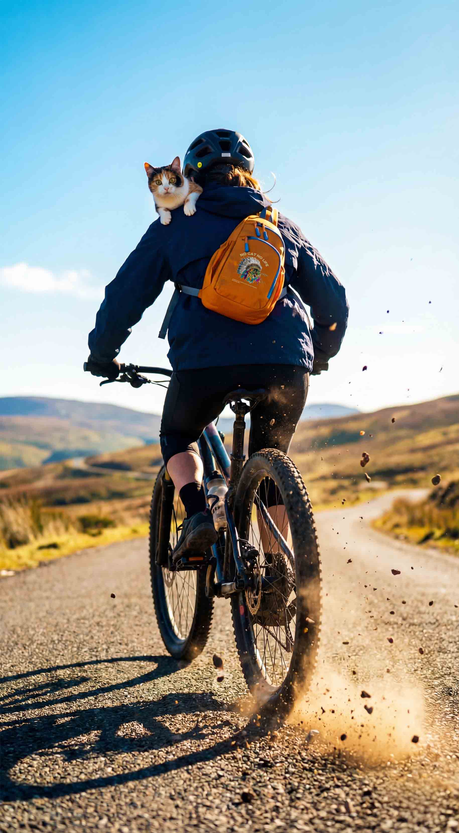 マウンテンバイクで大自然を駆け抜ける人物・オレンジのNEKONI SLINGバッグ・肩に猫(AIパロディ)