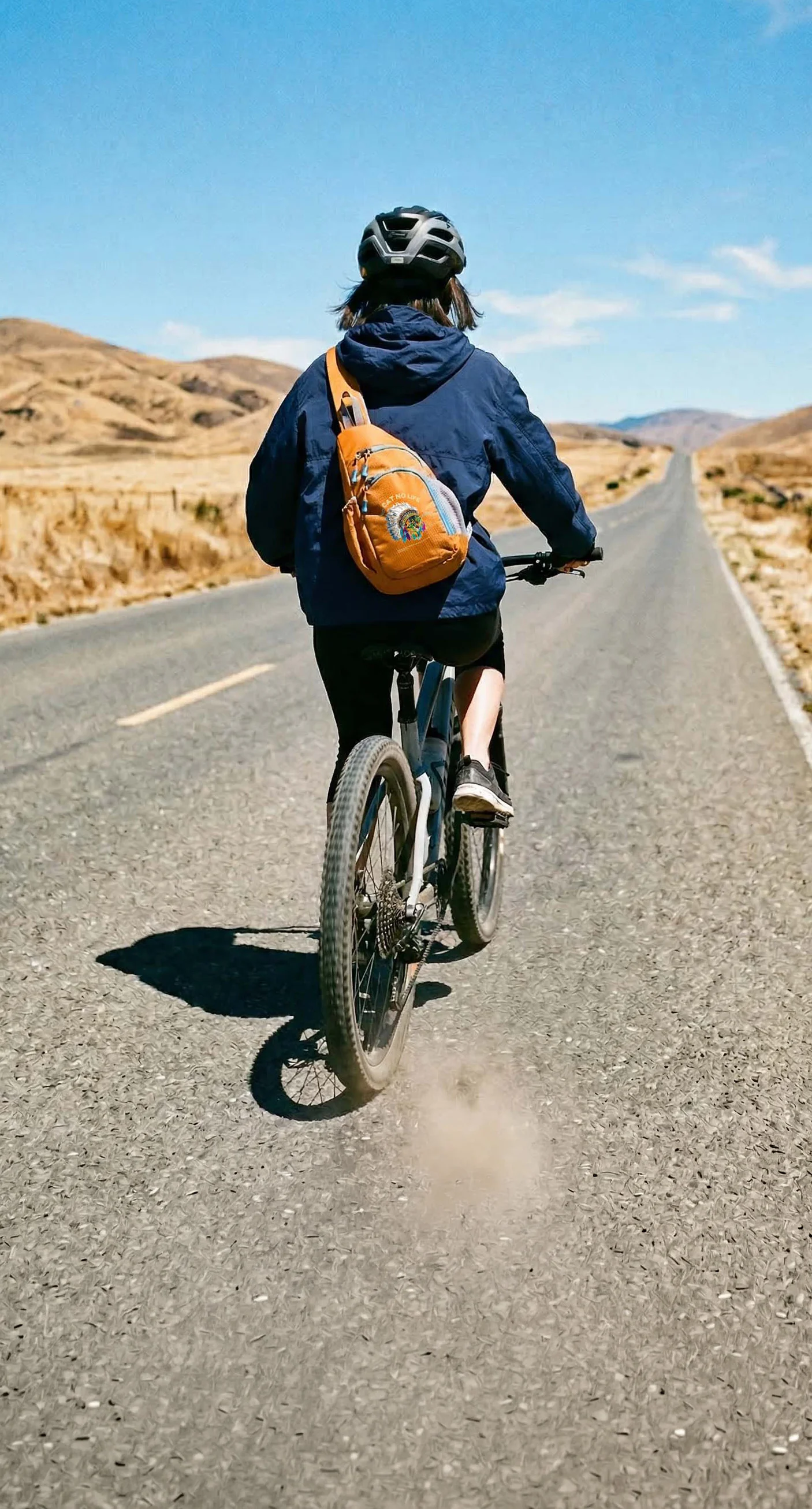 自転車に乗る女性の後ろ姿・オレンジのNEKONI SLINGバッグ